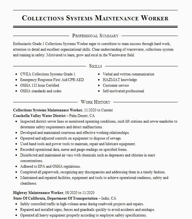 Sample Resume for Highway Maintenance Worker Highway Maintenance Worker Ii Resume Example Milwaukee