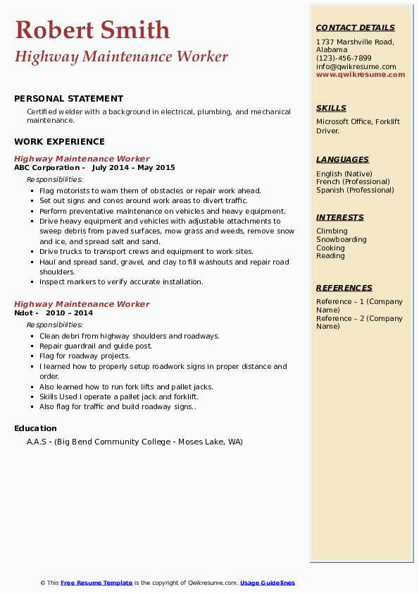 Sample Resume for Highway Maintenance Worker Highway Maintenance Worker Resume Samples