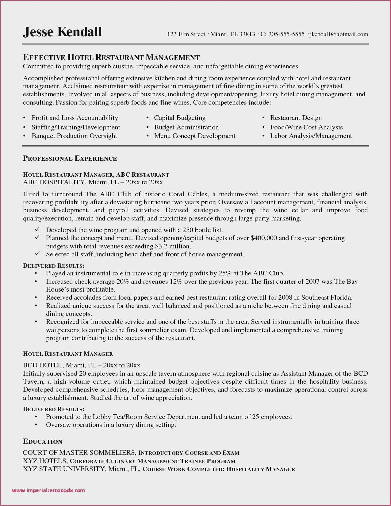 Sample Resume for Hotel and Restaurant Management Fresh Graduate Hotel Manager Resume Example 57 Picture