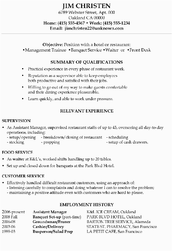 Sample Resume for Hotel and Restaurant Management Graduate Banquet Server Resume Example Umecareer
