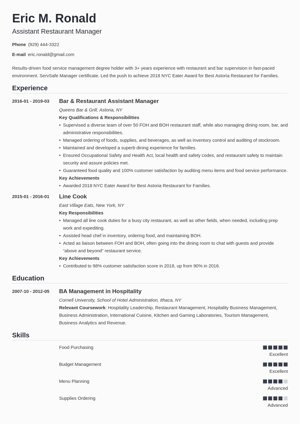 Sample Resume for Hotel and Restaurant Management Graduate Restaurant Manager Resume Example Template Nanica In 2020