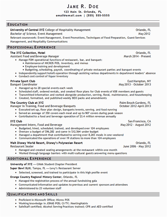 Sample Resume for Hotel and Restaurant Management Hotel Manager Resume Example Sample