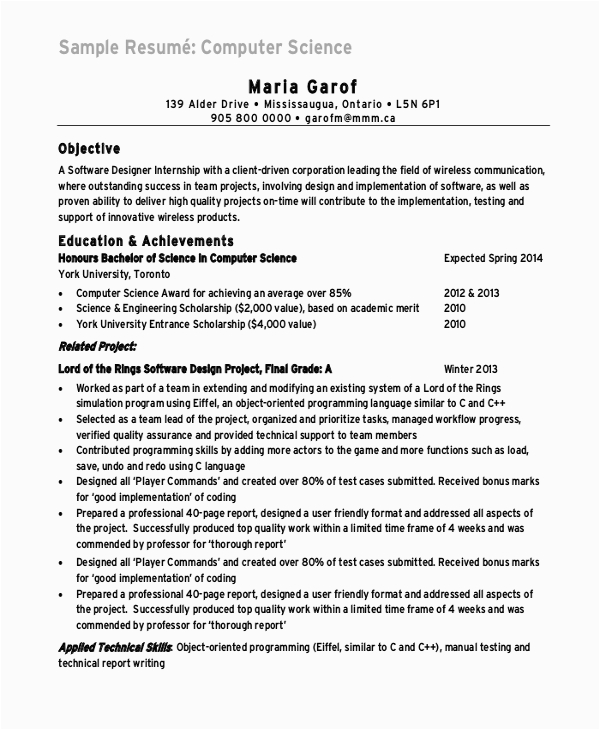 Sample Resume for Masters In Computer Science Free 8 Sample Puter Science Resume Templates In Ms