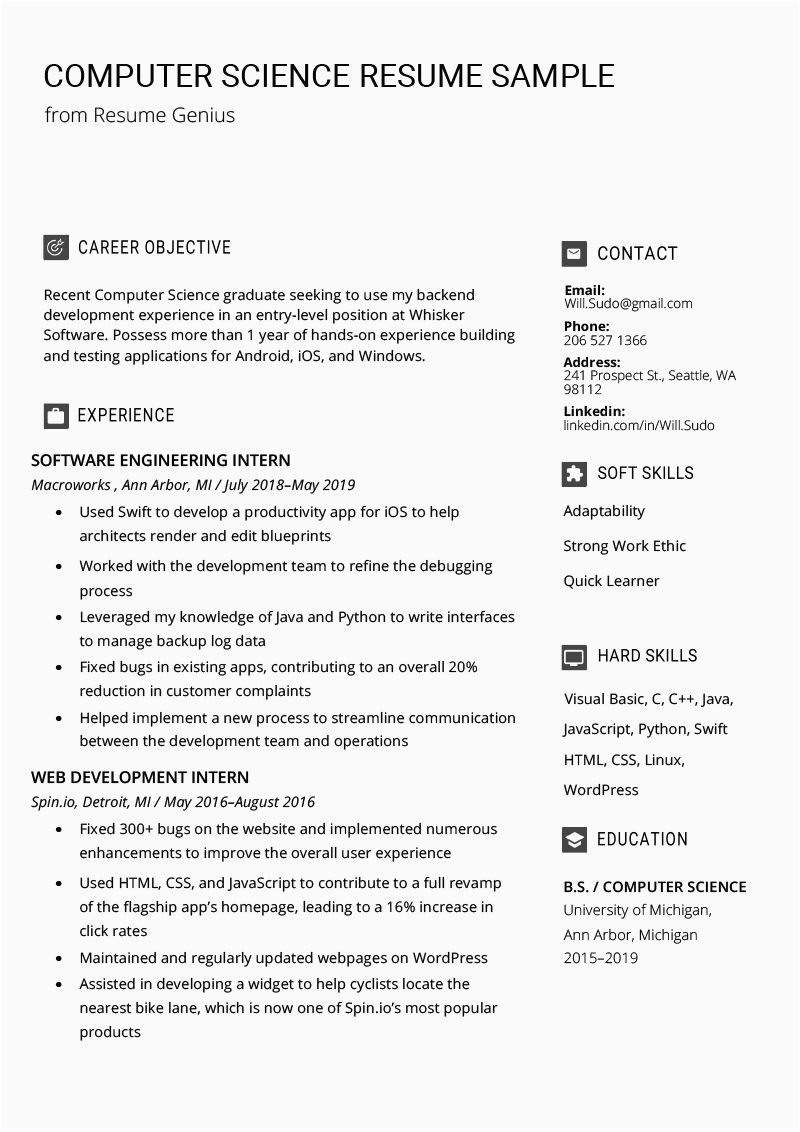 Sample Resume for Masters In Computer Science Puter Science Resume Example Unique Puter Science