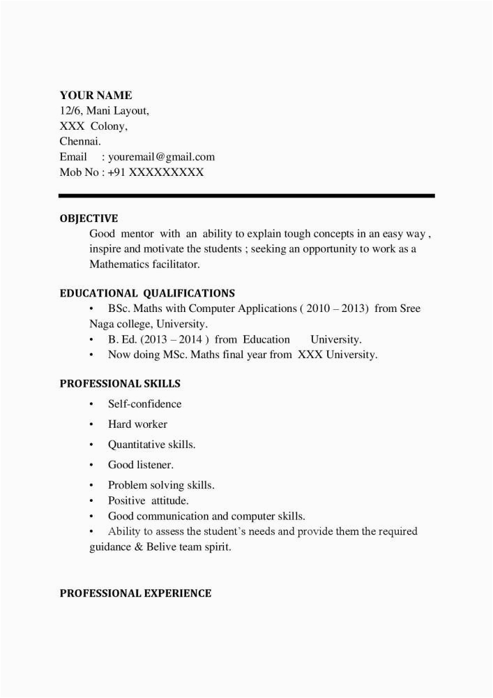 Sample Resume for Maths Teachers Freshers Maths Teacher Resume Word format Free Download