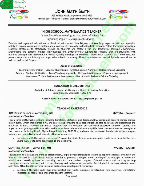Sample Resume for Maths Teachers In India Math Teacher Resume Sample