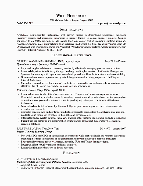 Sample Resume for Mba College Admission Business School Admission Resume