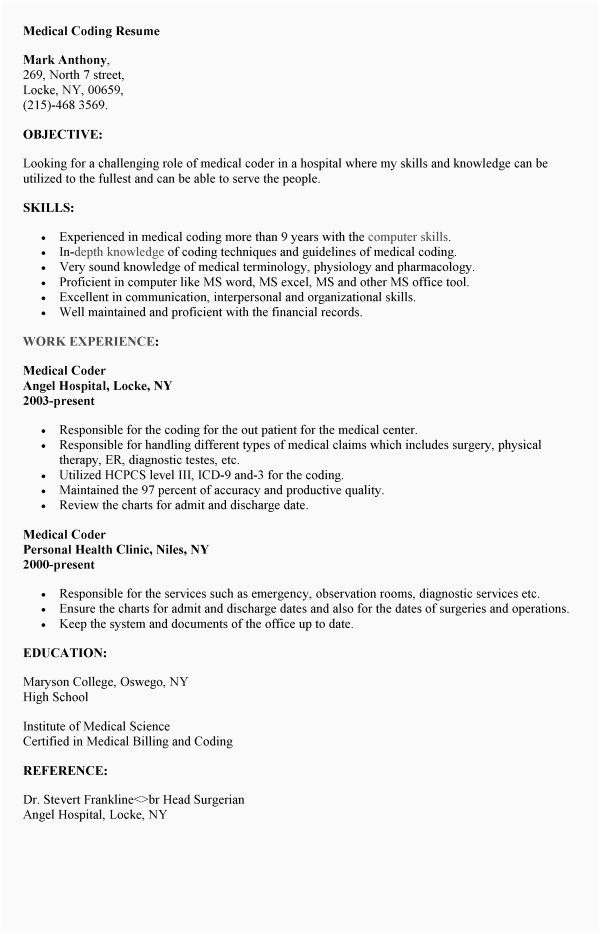 Sample Resume for Medical Billing and Coding with No Experience Medical Coder Resumes Samples