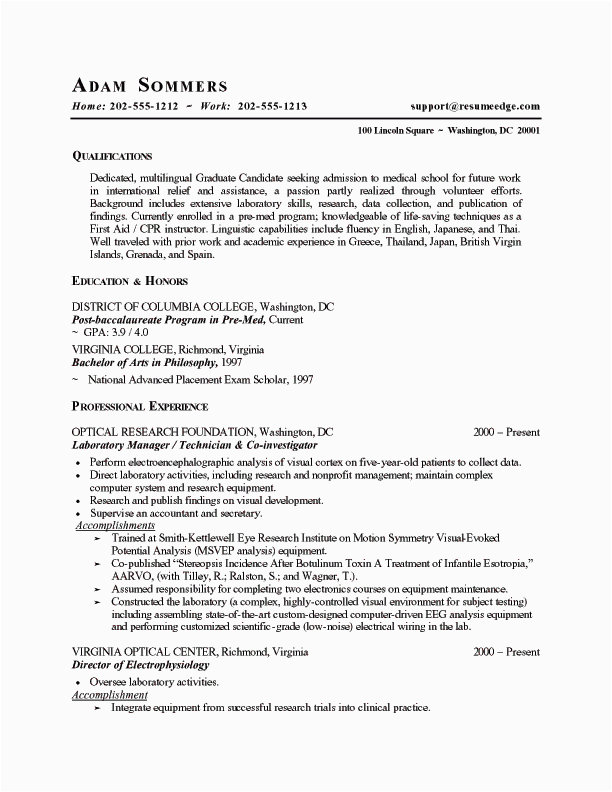 Sample Resume for Medical School Admission Medical School Admissions Resume