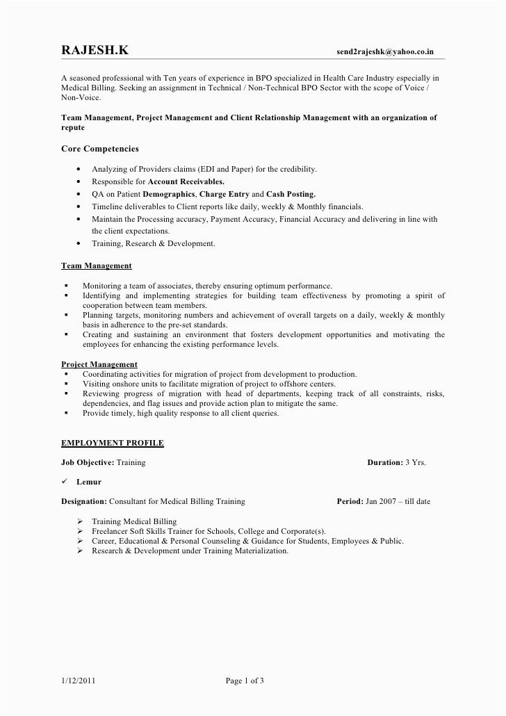 Sample Resume for Non Voice Process associate Rajesh Resume Bpo Jan 2011