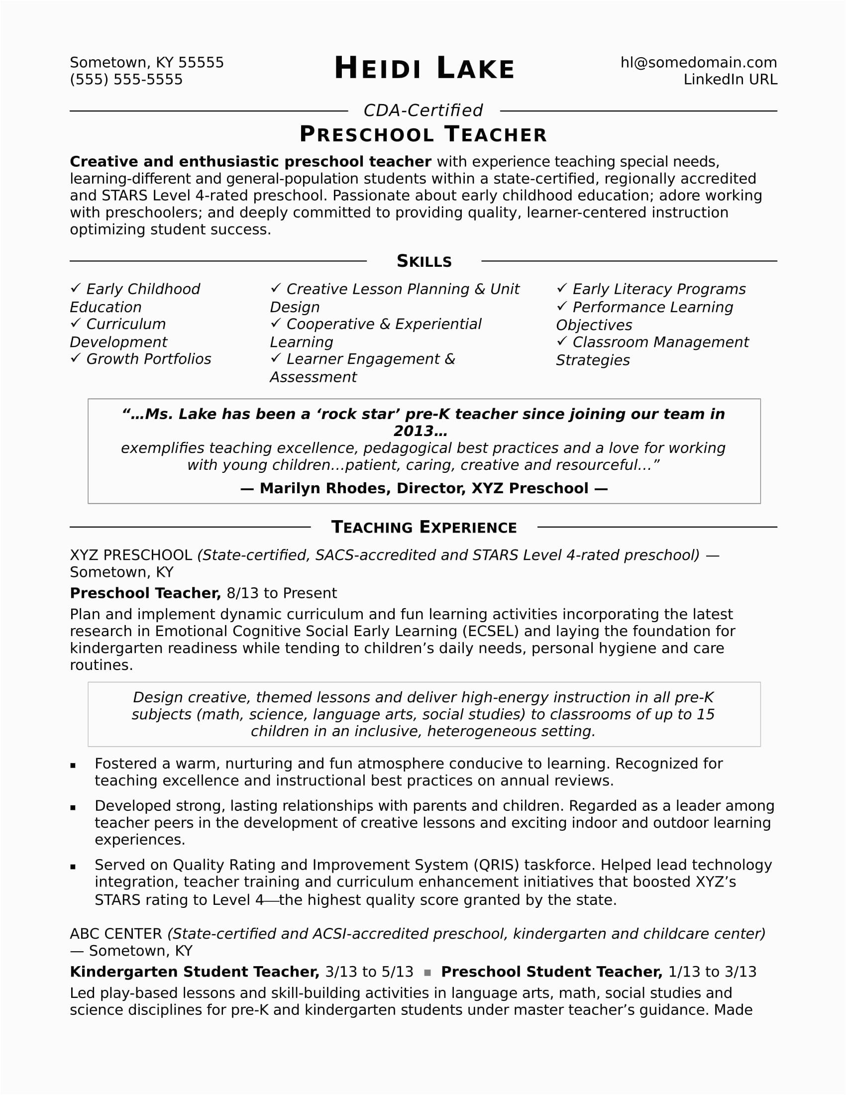 Sample Resume for Nursery School Teacher Preschool Teacher Resume Sample