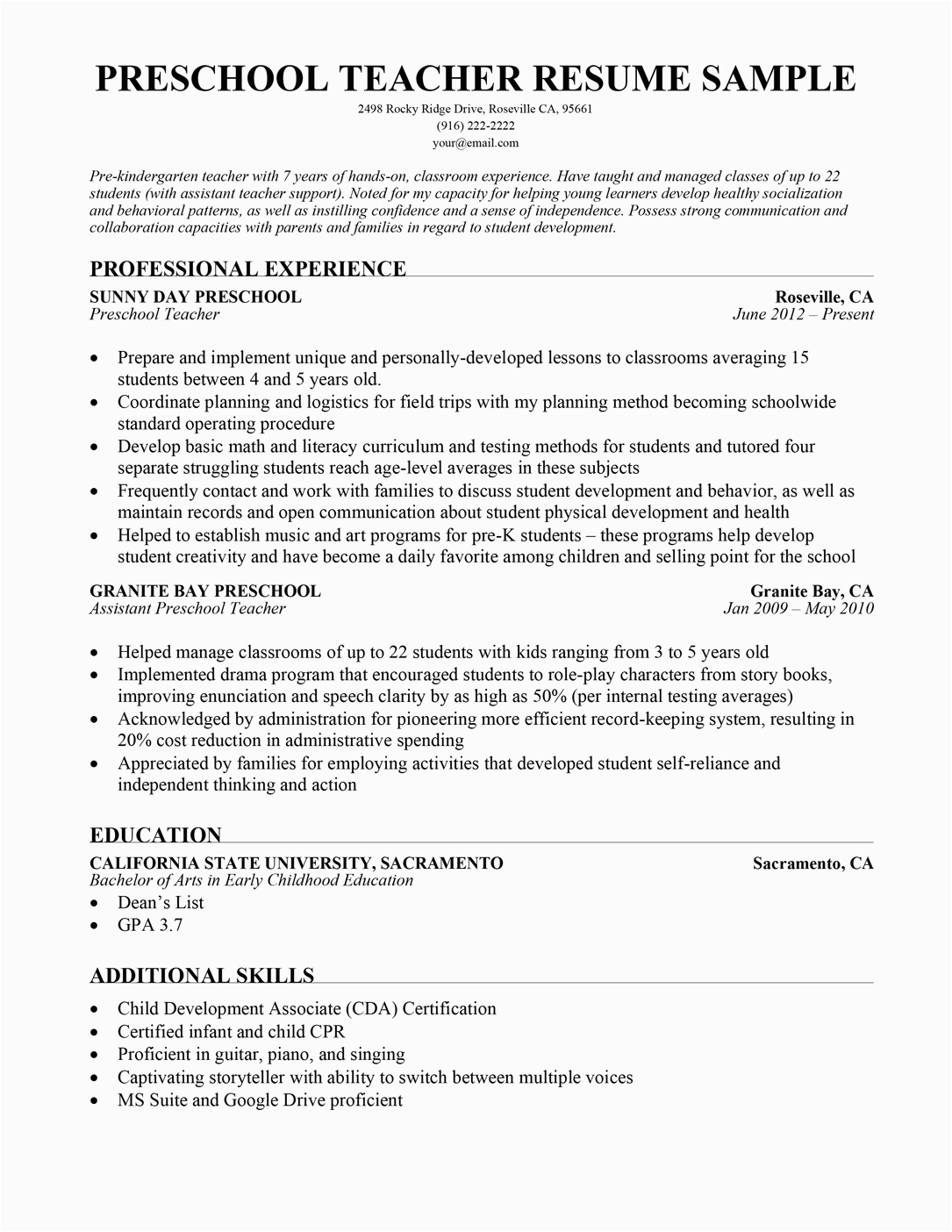 Sample Resume for Nursery School Teacher Preschool Teacher Resume Sample & Writing Tips