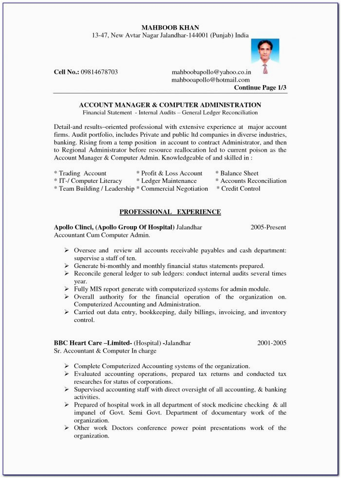 Sample Resume for Nurses with Experience In India Resume format for Experienced Acounts Manager In India