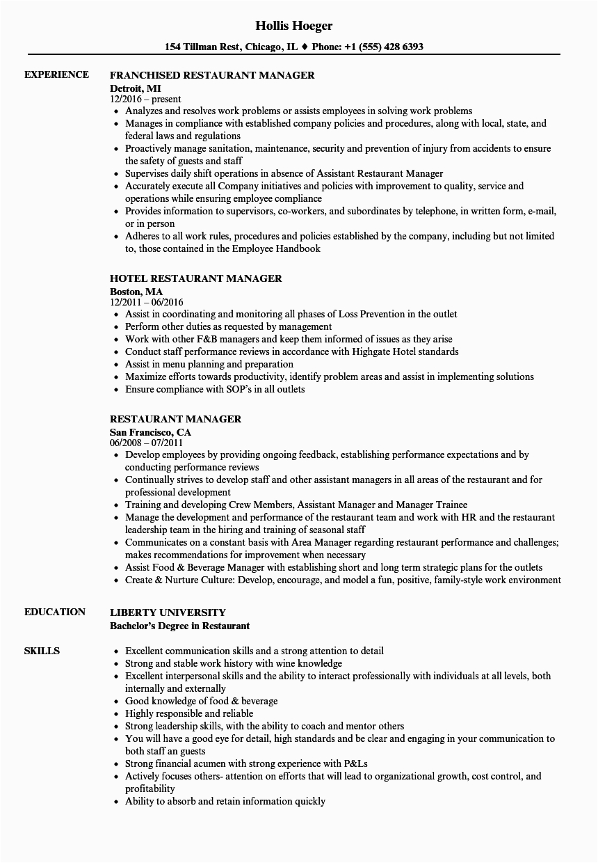Sample Resume for Restaurant Manager Position 12 Restaurant Manager Resume Radaircars