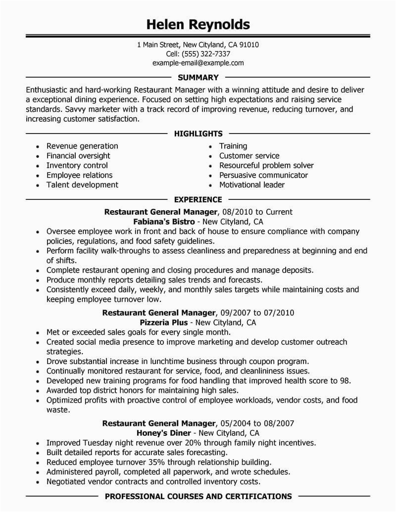 Sample Resume for Restaurant Manager Position Best Restaurant Manager Resume Example From Professional