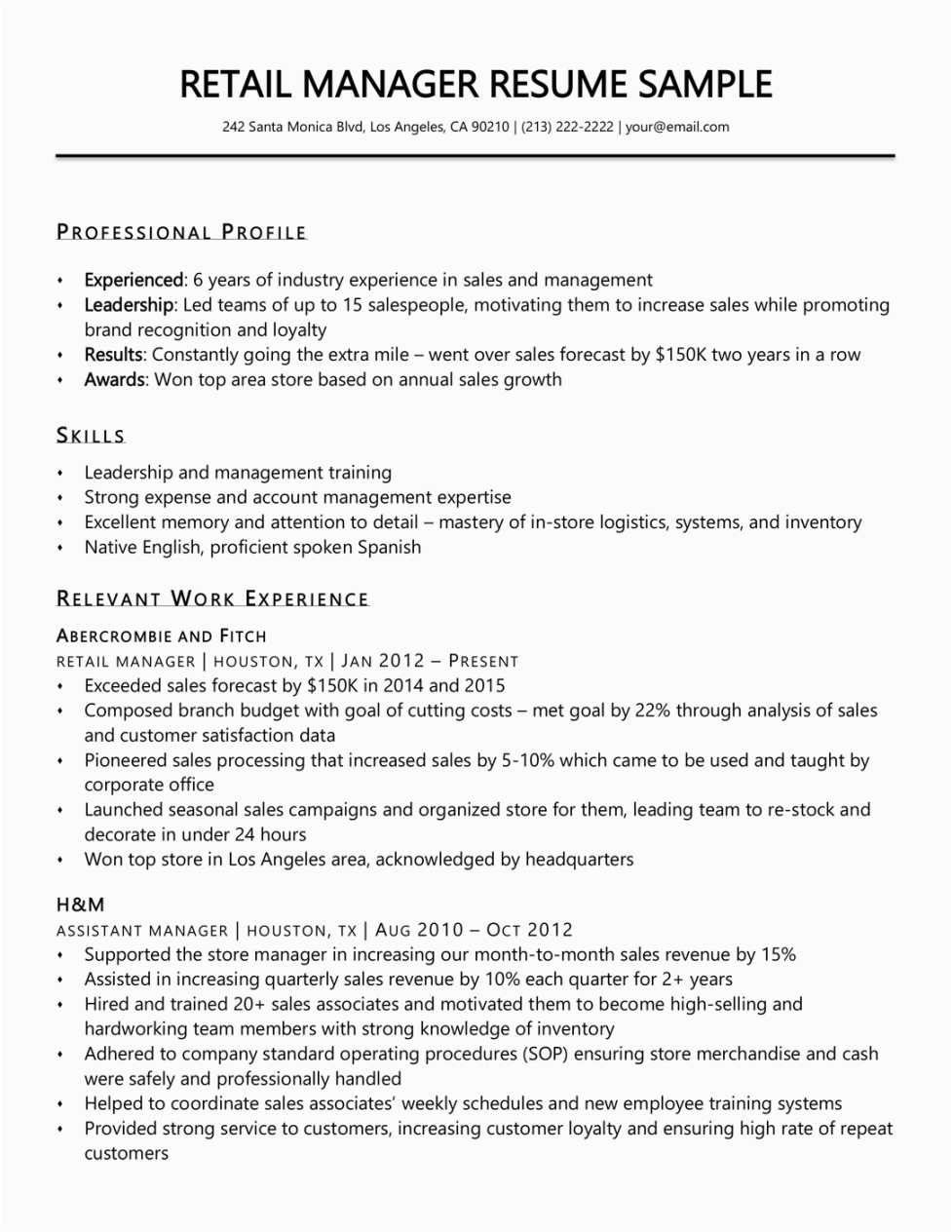 Sample Resume for Retail Management Position Retail Management Resume Template