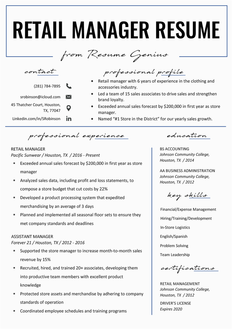 Sample Resume for Retail Management Position Retail Manager Resume Example & Writing Tips