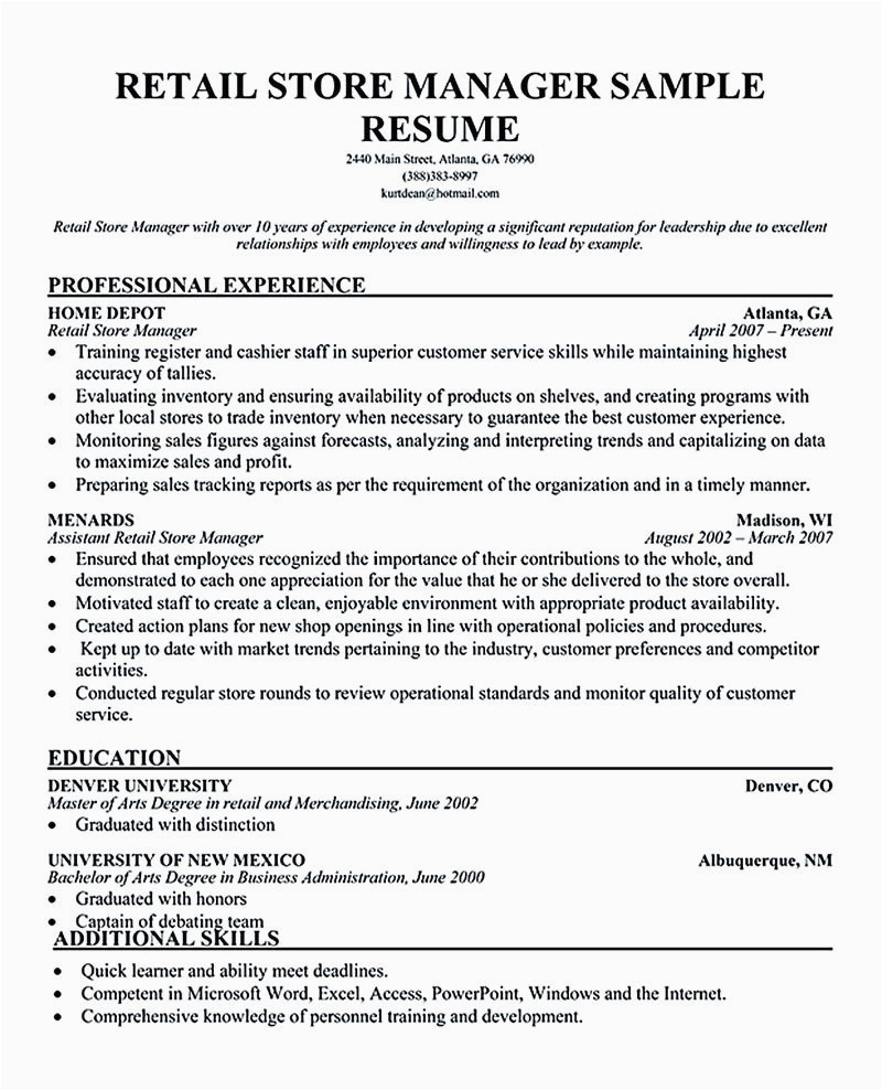 Sample Resume for Retail Management Position Retail Manager Resume Examples Retail Manager Resume is