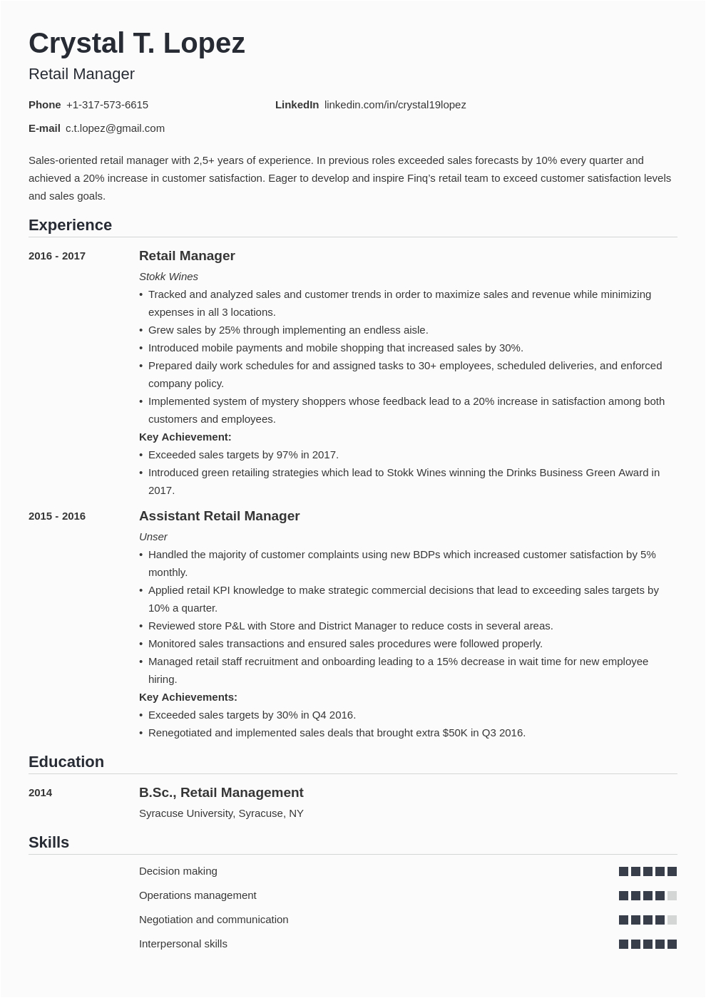 Sample Resume for Retail Management Position Retail Manager Resume Examples with Skills & Objectives