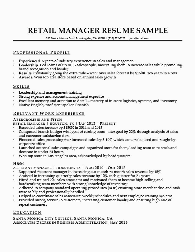Sample Resume for Retail Management Position Sales Retail Manager Resume Retail Manager Resume Example