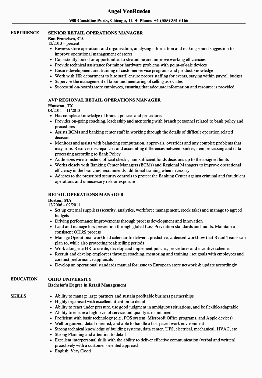 Sample Resume for Retail Operations Manager Retail Operations Manager Resume Templates • Business