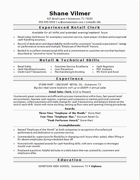 Sample Resume for Retail Sales Clerk Retail Sales Clerk Resume Sample
