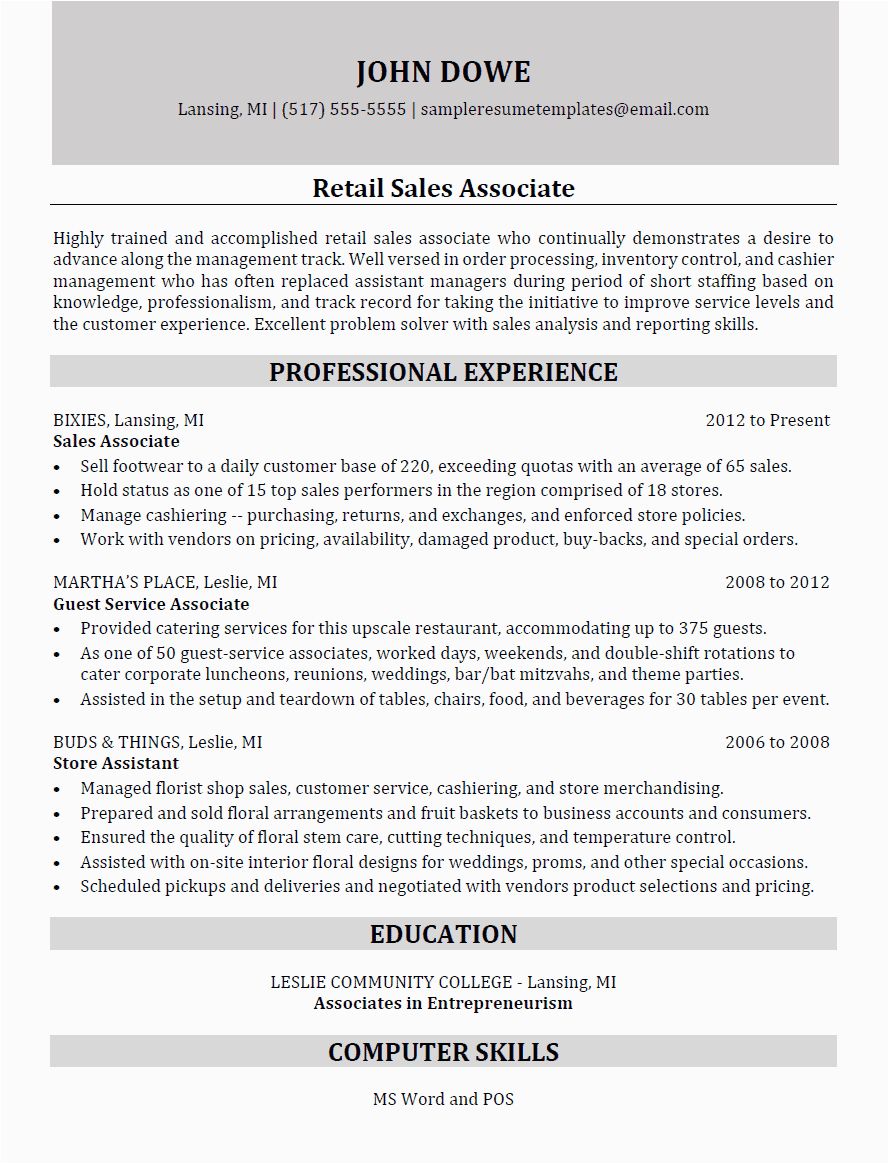 Sample Resume for Retail Store associate Retail Sales associate Resume