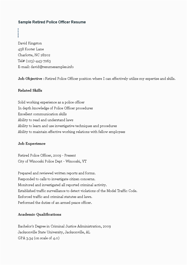 Sample Resume for Retired Police Officer Sample Retired Police Ficer Resume Tempalte