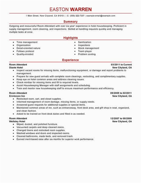Sample Resume for Room Service attendant Best Room attendant Resume Example