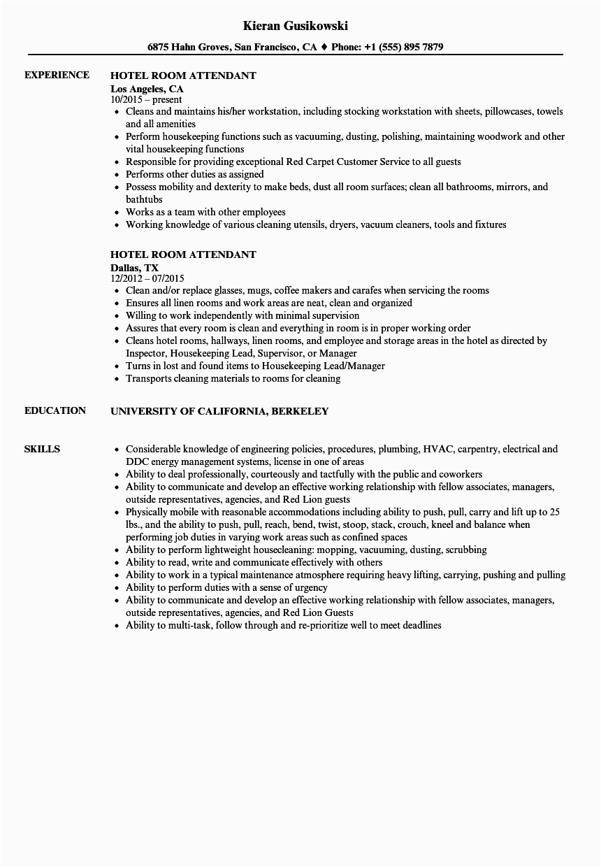 Sample Resume for Room Service attendant Hotel Room attendant Resume Samples