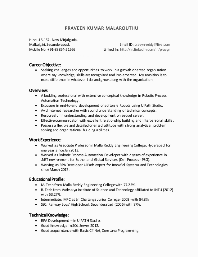 Sample Resume for Rpa Blue Prism Developer Rpa Developer Resume