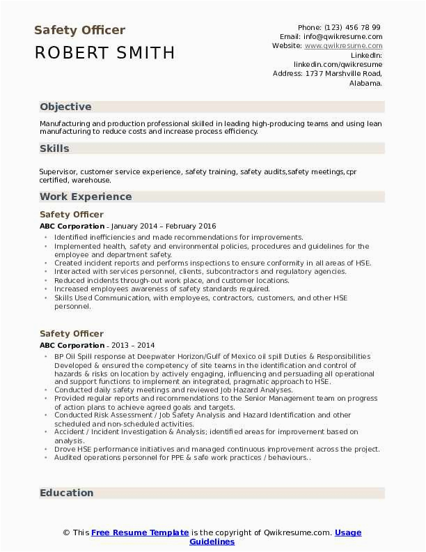 Sample Resume for Safety Officer Job Safety Ficer Resume Samples