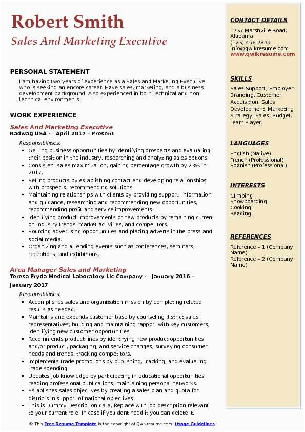 Sample Resume for Sales and Marketing Executive Sales and Marketing Executive Resume Samples