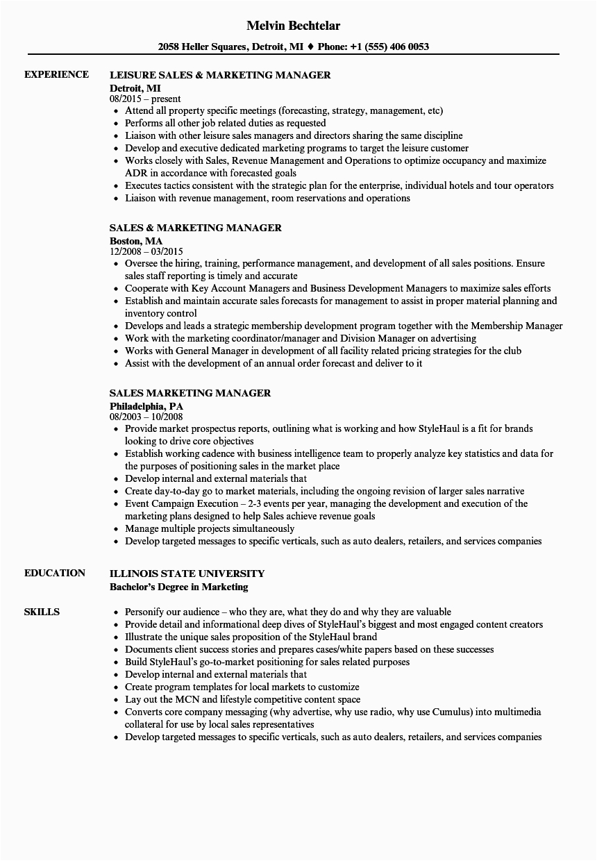 Sample Resume for Sales and Marketing Job Sales Marketing Manager Resume Samples