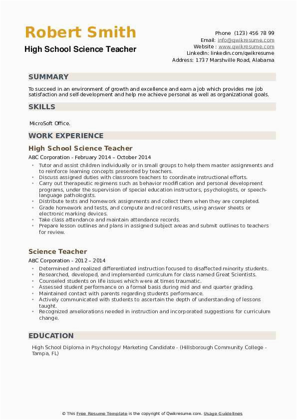 Sample Resume for Science Teachers Pdf Science Teacher Resume Samples