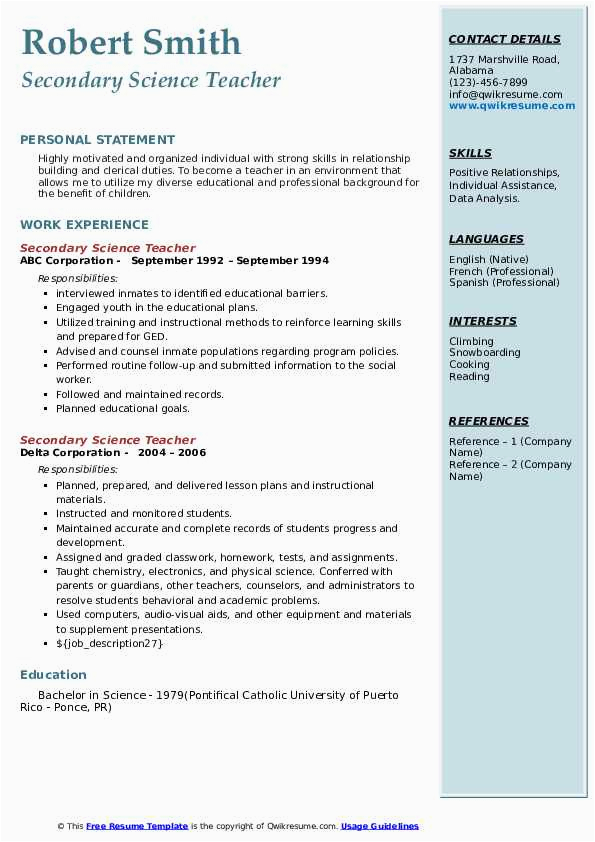 Sample Resume for Science Teachers Pdf Secondary Science Teacher Resume Samples