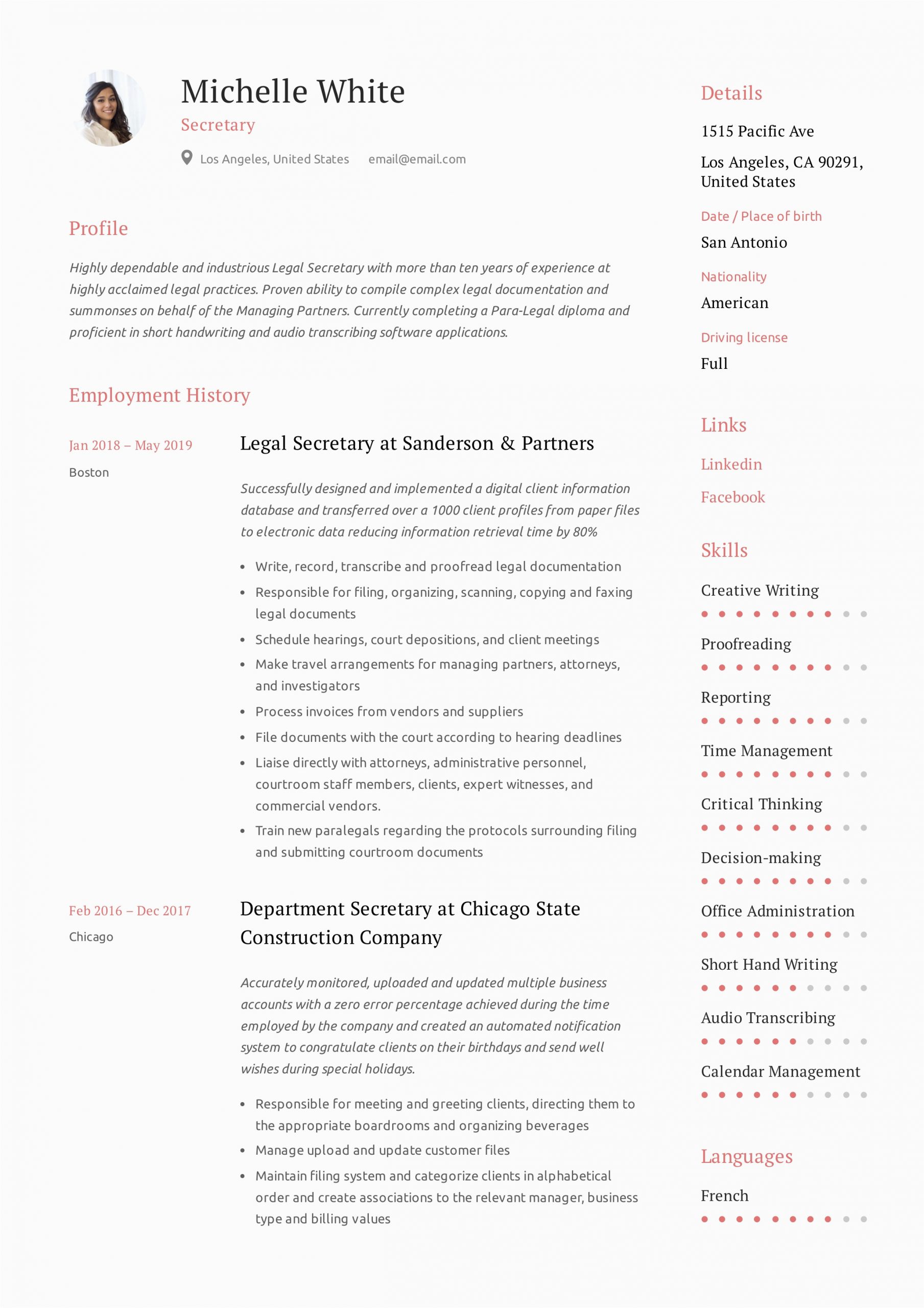 Sample Resume for Secretary with No Experience Secretary Resume & Writing Guide