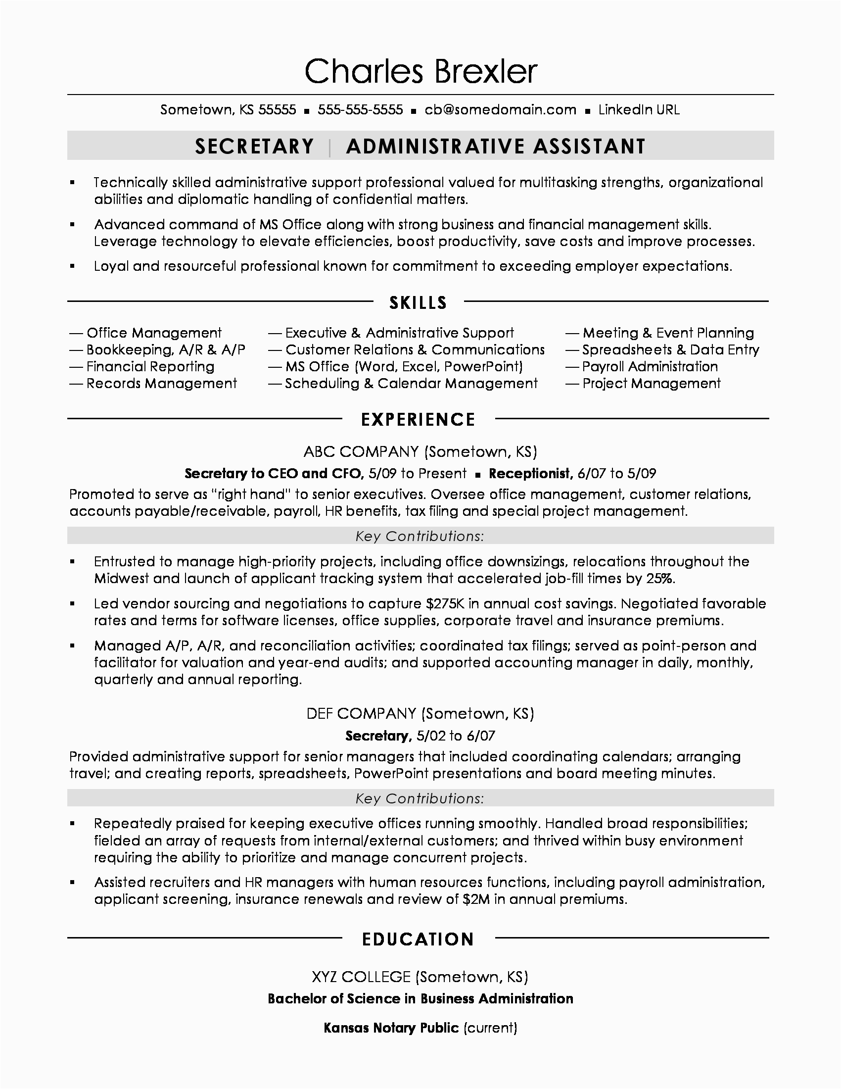 Sample Resume for Secretary with No Experience Secretary Resume Sample