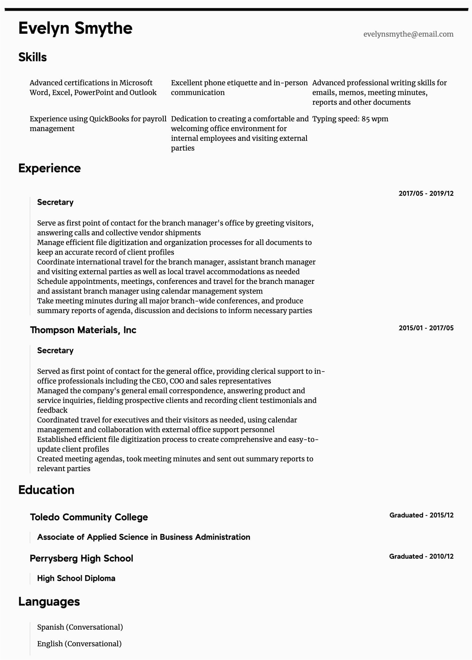 Sample Resume for Secretary with No Experience Secretary Resume Samples All Experience Levels