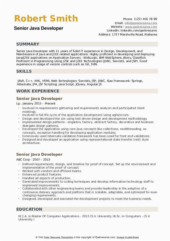 Sample Resume for Senior Java Developer Senior Java Developer Resume Samples