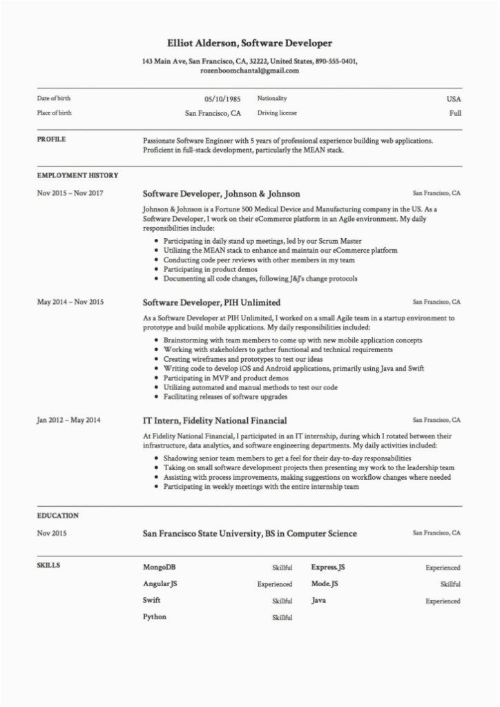 Sample Resume for software Engineer Fresher Awesome Cv Template for software Engineer Fresher
