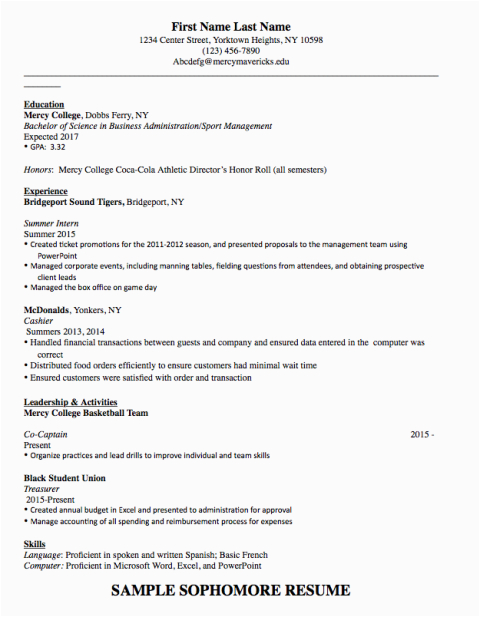Sample Resume for sophomores In College Sample sophomore Resume Template – Career and Professional