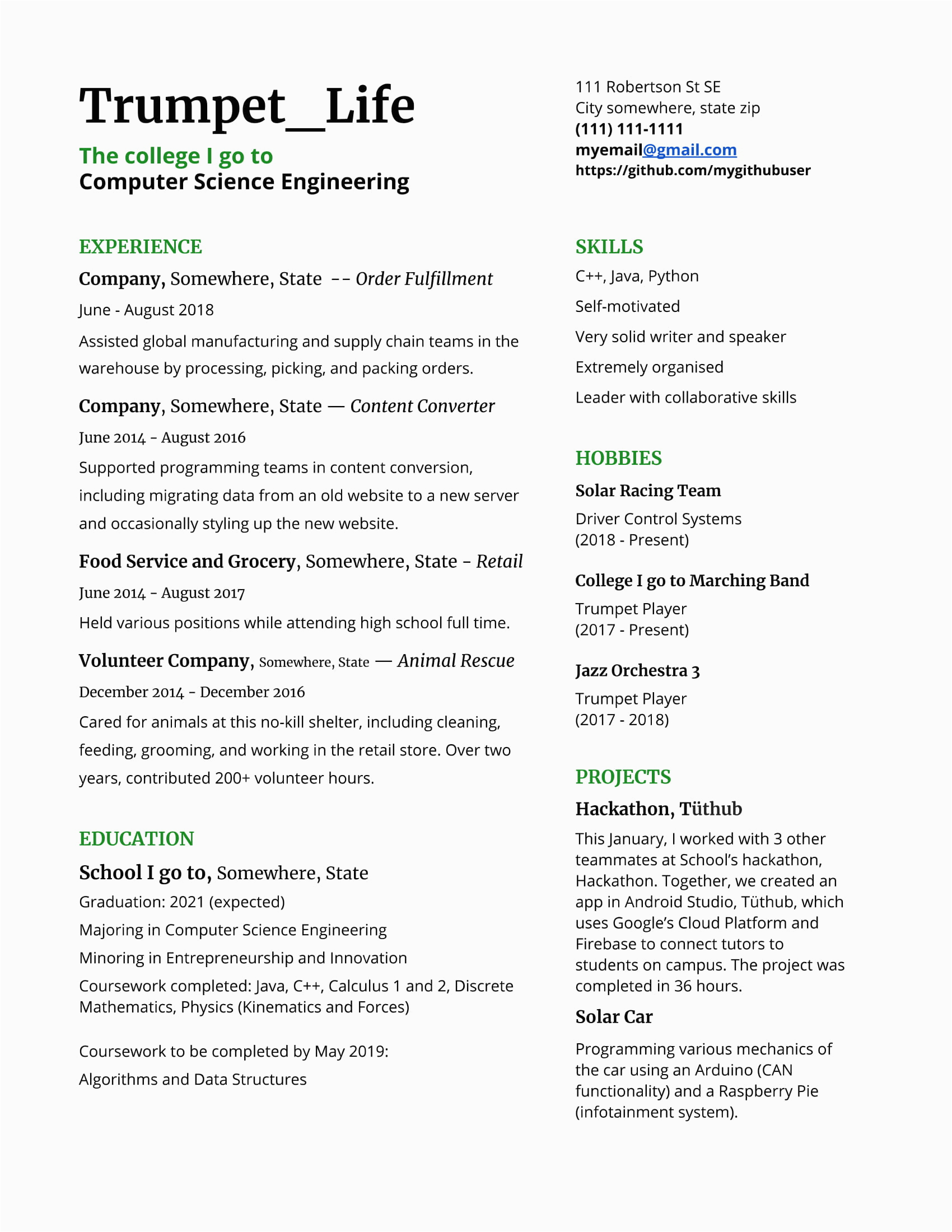 Sample Resume for sophomores In College sophomore In College Resume for Internships and A Career