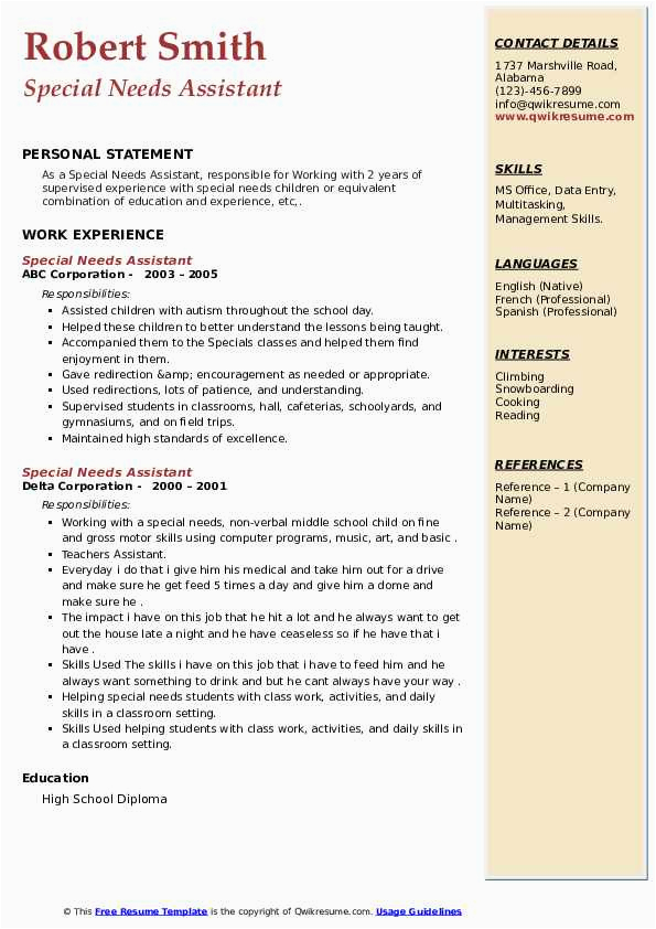 Sample Resume for Special Needs assistant Special Needs assistant Resume Samples