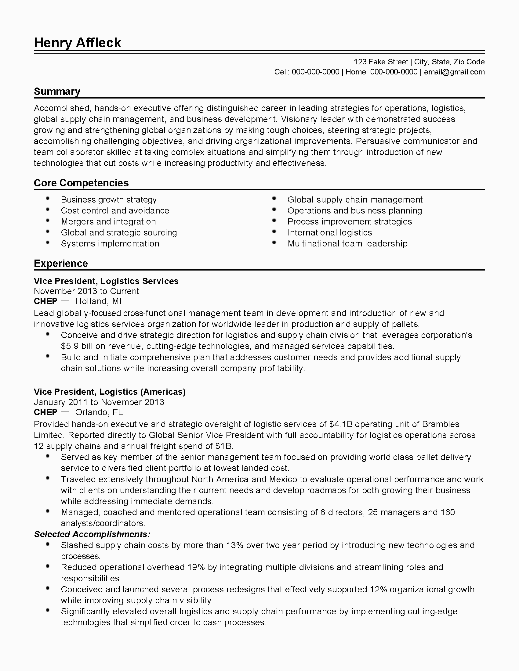 Sample Resume for Supply Chain Executive Professional Global Supply Chain Manager Templates to