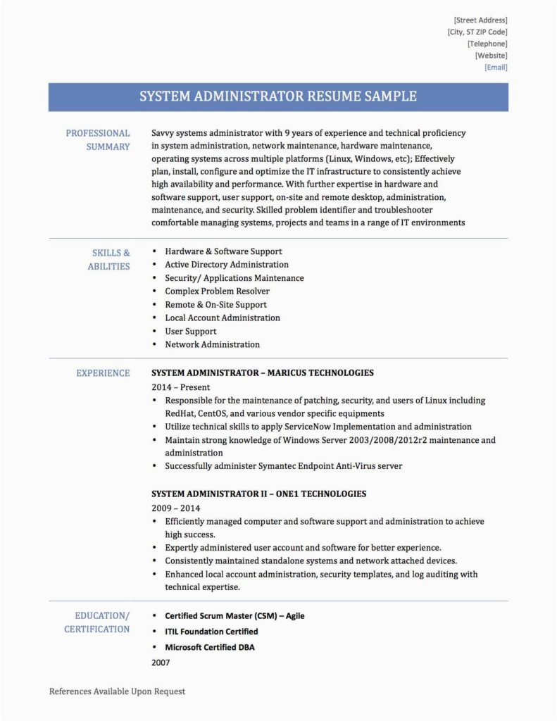 Sample Resume for System Administrator Fresher Professional Resume Templates Sample