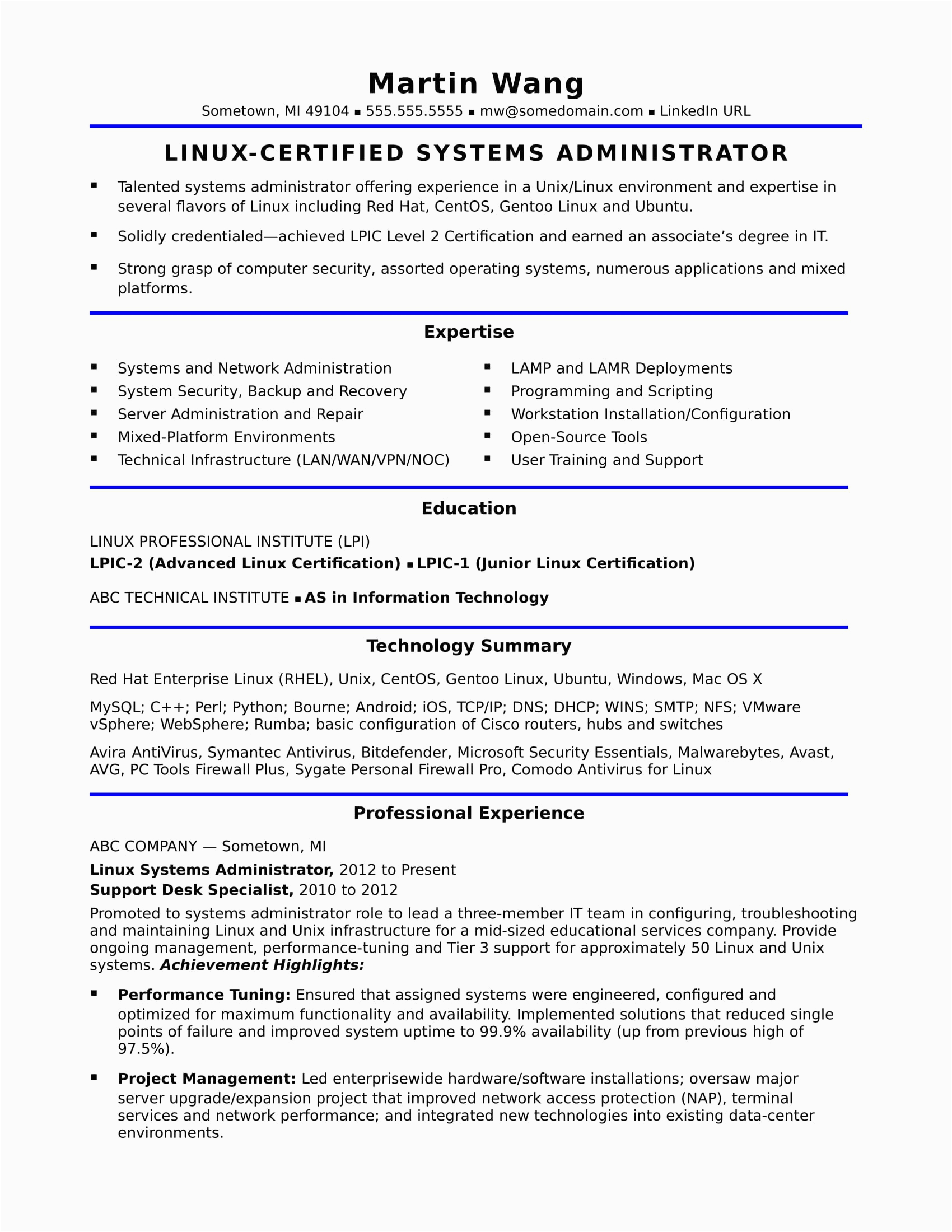 Sample Resume for System Administrator Fresher Sample Resume for A Midlevel Systems Administrator