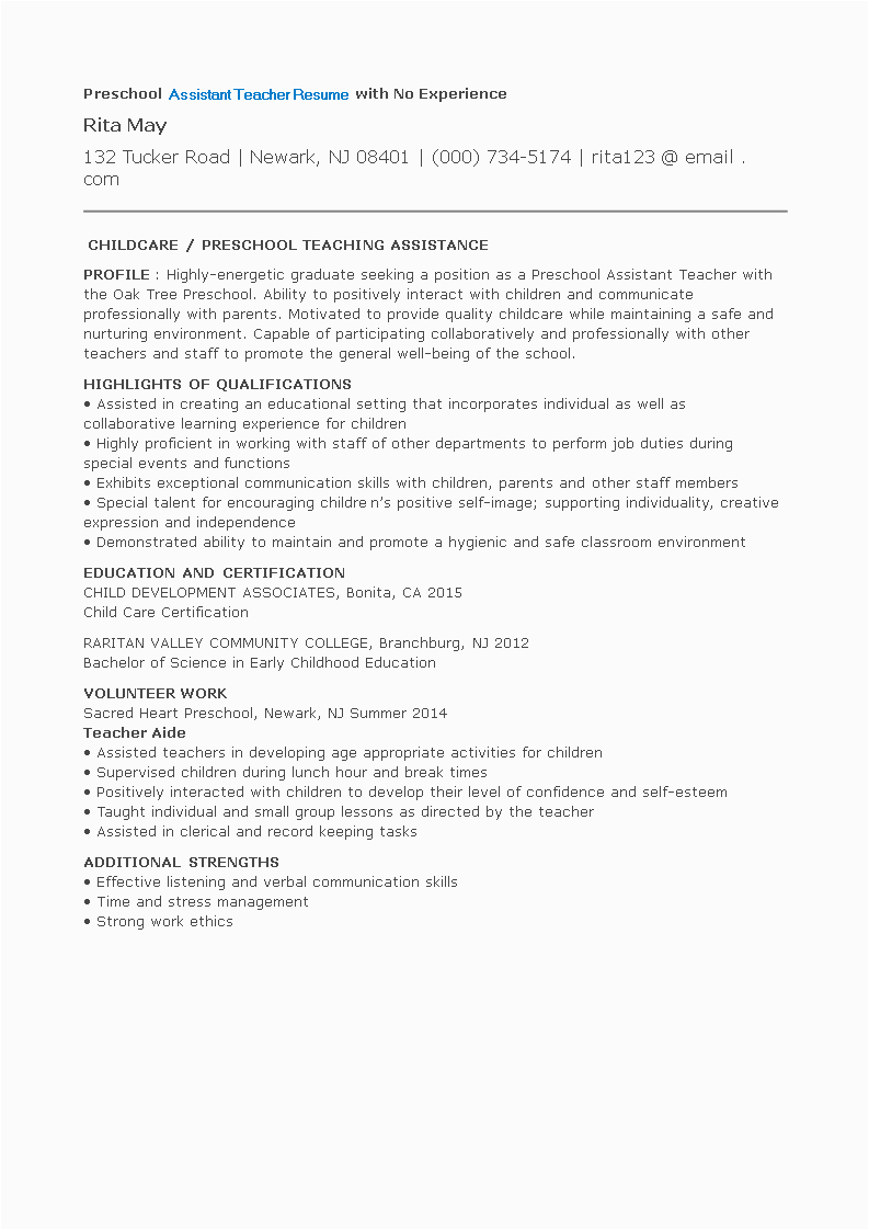 Sample Resume for Teacher assistant with No Experience Preschool assistant Teacher Resume with No Experience