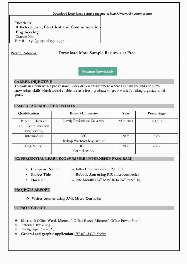 Sample Resume format Download Ms Word Simple Resume format Download In Ms Word