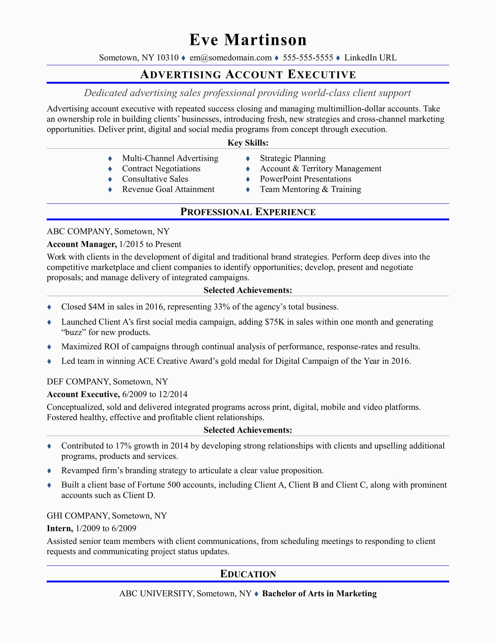 Sample Resume format for Accounts Executive Sample Resume for An Advertising Account Executive